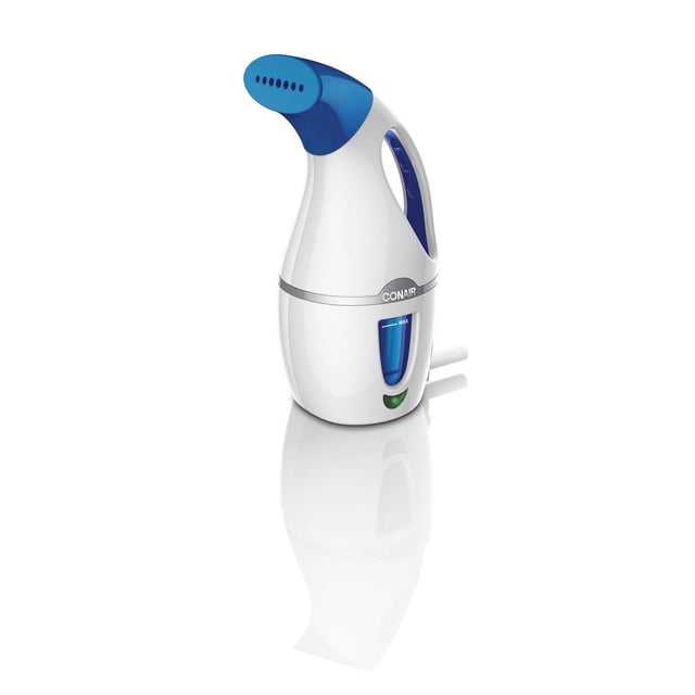Conair Défroisseur de Voyage en Tissu avec Corps Blanc et Tête Vapeur Bleue, Doté d'Un Réservoir d'Eau de 4,9 Onces, d'Une Poignée Ergonomique, d'Un Voyant Électrique et d'Un Cordon de 7 Pieds, Offrant un Chauffe-Vapeur en 60 Secondes et jusqu'à 5 minutes de Vapeur Continue pour Rafraîchir Rapidement les Vêtements à la Maison Ou en Voyage.