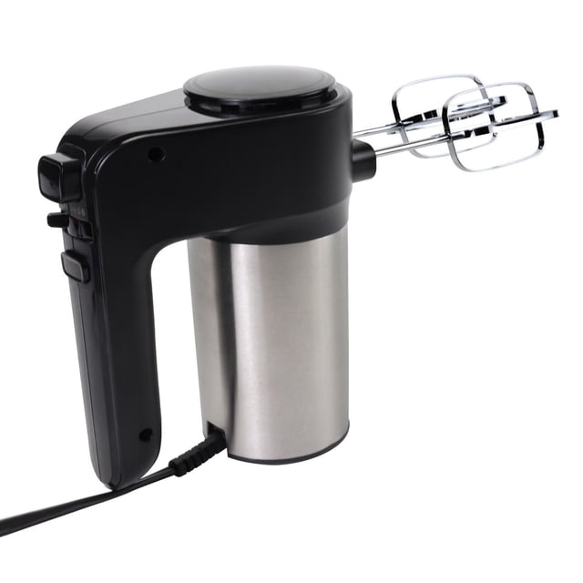 Total Chef 250 Watts 6-Speed Hand Mixer with Turbo Boost, featuring a black plastic handle and stainless steel motor housing, equipped with interchangeable stainless steel beaters and dough hooks for versatile mixing in baking and cooking.