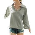 thumbnail image 4 of Women Pocket Long Sleeve Stand Collar V Neck Solid Color Shirt, 4 of 7