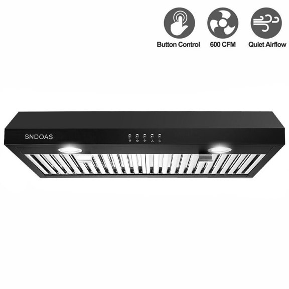 600CFM 30" Under Cabinet Range Hood - Black Stainless Steel, 3-Speed Dishwasher Safe Filter, LED Light, 3 Vent Options (Top/Rear), 120V Canada/US Standard