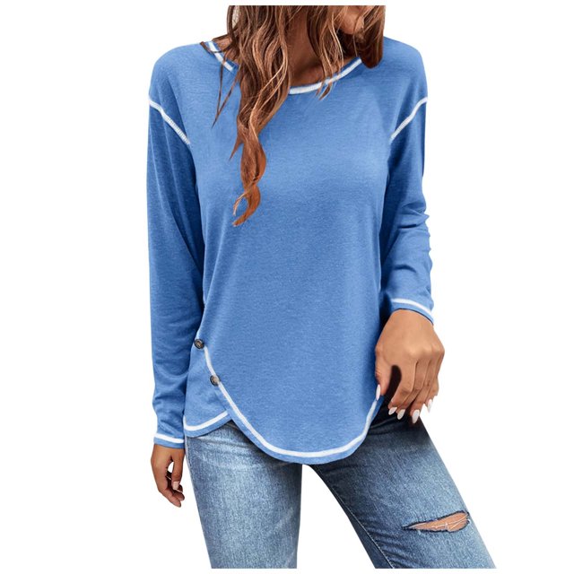 Timegard Hauts Grande Taille pour Femmes Col Rond Manches Longues Bouton Blouse Irrégulière Automne Décontracté Confortable