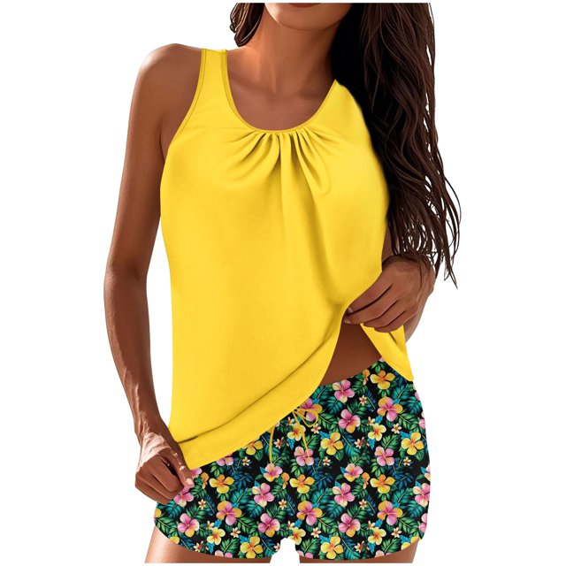 FAVIPT Tummy Control Two Piece Swimsuits for Women Floral Printed Modest Bathing Suit with Boyshorts Multicolor,S