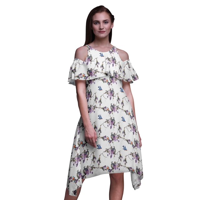 Bimba White Bird Print Flutter Sleeve Womens Party Tunic Cold Shoulder Midi Dress - Large