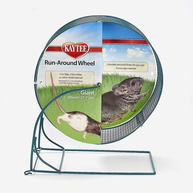Kaytee Run-Around Giant Exercise Wheel, 11-Inch, a teal epoxy-coated mesh metal wheel for small animal toys, suitable for hamsters, gerbils, rats, and chinchillas. It stands on a sturdy wire base or hangs in a cage, encouraging healthy exercise and personal fitness for small pets.