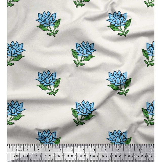 Soimoi Tissu Poly Georgette Imprimé Feuilles & Lotus au Mètre 42 Pouces de Large