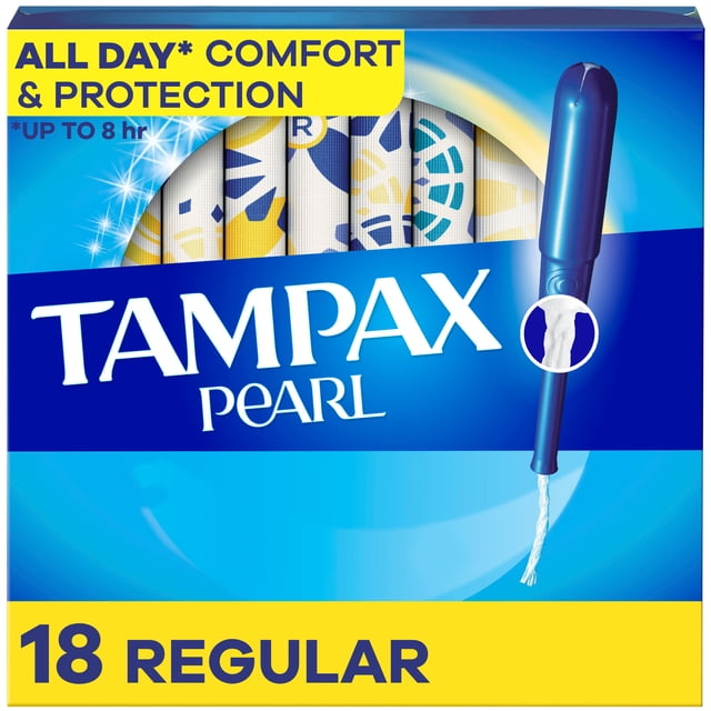 Tampax Pearl Tampons with LeakGuard Braid, Regular Absorbency, featuring a blue anti-slip grip applicator and a close-up of the tampon string, in a box of 18, providing up to eight hours of leak protection and comfort.