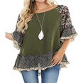 thumbnail image 2 of Blouse Femme à Manches 3/4, Unie, Ourlet Floral, Imprimé Léopard, Haut Ample, 2 of 7
