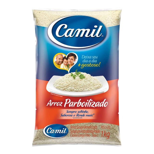 Camil Long Grain Parboiled Rice 1 kg bag with blue and orange packaging featuring a plate of fluffy cooked rice garnished with parsley, labeled Arroz Parboilizado, highlighting its shelf-stable long grain parboiled rice ideal for pantry storage.