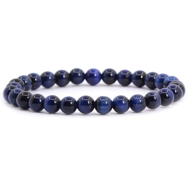 Bracelet Extensible en Perles Rondes de 6 mm en Oeil de Tigre Bleu Teint, Unisexe 6,5 Pouces
