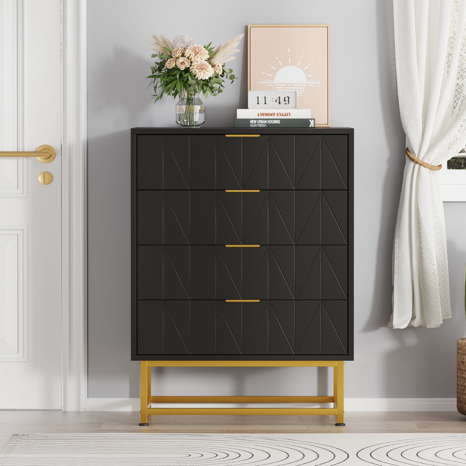 Dresser for Bedroom, 4 Drawer Dresser with Gold Metal Handles & Chests of Drawers, Chests of Drawers for Hallway, Bedroom