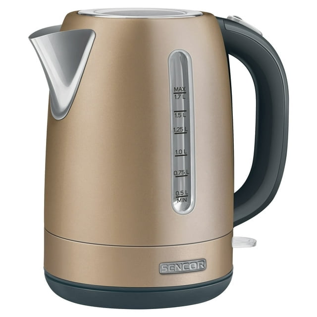 Sencor SWK-1777CH 1.7L Stainless Steel Electric Kettle in champagne colour, featuring a durable stainless steel body, a 1.7-litre capacity, and a water level indicator on the side. The kettle includes a central 360° STRIX connector, a lid safety lock, and a double safety system with automatic shut-off and overheating protection. The heating base is made of stainless steel with a covered heating spiral. Designed for brewing tea and boiling water efficiently with a 1,500W power input.