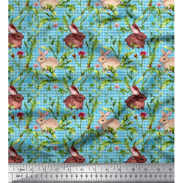 Soimoi Poly Georgette Fabric Leaves & Rabbit Animal Print Fabric by The Yard 42 Inch Wide
