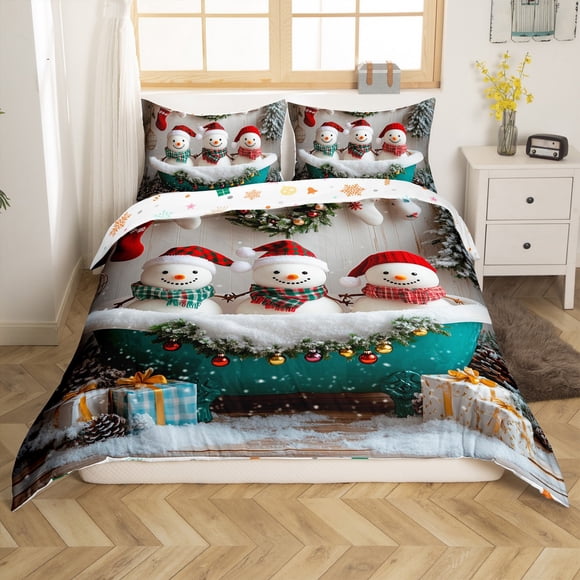 YST Merry Christmas Comforter Cover, Kawaii Snowman Bedding Set Queen For Kids Boys Girls Christmas Gifts, Xmas Holiday Decoration Duvet Cover Winter New Year Quilt Cover, 2 Pillow Cases