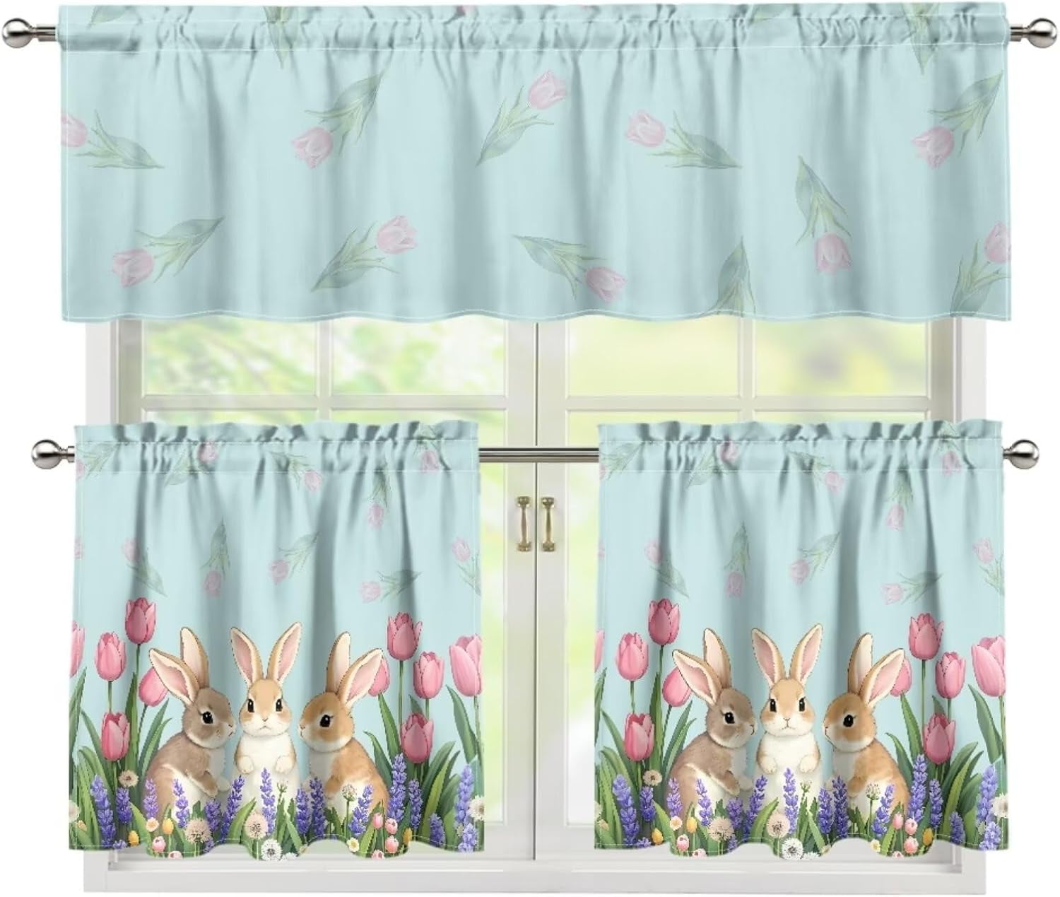 Easter Day Cute Bunny Window Treatment Tiers for Kitchen Living Room Decor Flower Rabbit Window Curtain Set of 3,Rod Pocket Kitchen Curtain Valance and Tiers Set,Size S