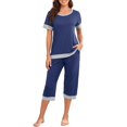 thumbnail image 2 of Mikilon Pyjama Décontracté pour Femmes Ensemble de Pyjama Décontracté Ample Couleur Unie Col Rond Manches Courtes 7 Pantalons Ensemble de Maison Pantalon de Pyjama Funky Confortable Manches Courtes Col Rond Ensemble Haut/chemise Bleu P, 2 of 9