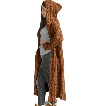 yoeyez Womens Mid Length Hooded Cardigans Sherpa Sweater Thicken Winter Warm Chunky Cable Knit Outerwear Coat with Pocket