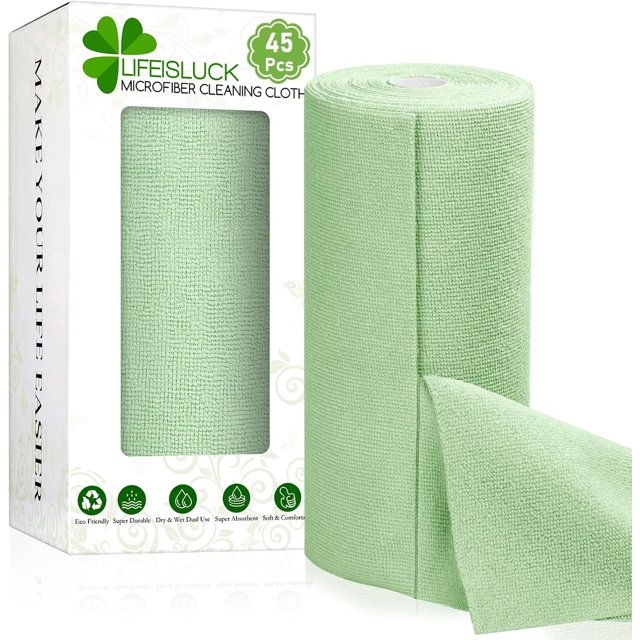 45 Pack of Microfiber Towel Roll, Tear Away Microfiber Cleaning Cloth on a Roll Reusable Towels Washable Rags Absorbent for Car, House, Kitchen Dish Drying