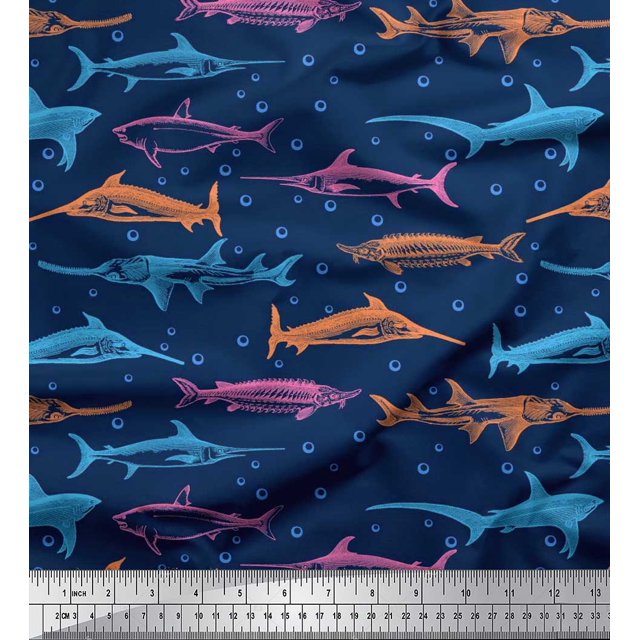 Soimoi Poly Georgette Fabric Bubbles & Fish Ocean Printed Fabric 1 Yard 52 Inch Wide