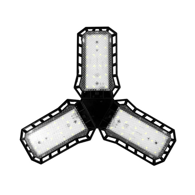 LED Garage Lights with deformable and adjustable panels, shown in a black ABS material with three foldable light panels. Each panel features multiple LED chips for bright illumination, offering 360-degree coverage. Designed for E27 screw sockets, this 45W light has a colour temperature of 6500K and a total brightness of 12000 lumens. Ideal for garages, workshops, basements, and other indoor spaces.
