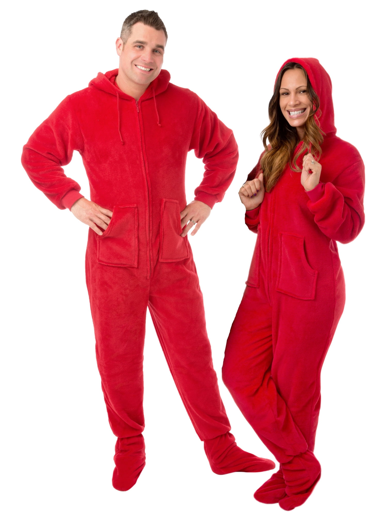 Hoodie Footed Sleeper Red Plush Drop Seat Footed Pajamas with Rear Flap