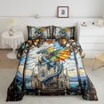 thumbnail image 1 of Western Dragon Kids Comforter Set Queen Size,Tale Castle Cloud Glass Dragon Bedding Set,Boys Girls Room Decor,Geometric Patchwork Natural View Down Comforter,Blue Retro Duvet Insert,2 Pillowcases, 1 of 7