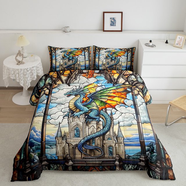 Western Dragon Kids Comforter Set Queen Size,Tale Castle Cloud Glass Dragon Bedding Set,Boys Girls Room Decor,Geometric Patchwork Natural View Down Comforter,Blue Retro Duvet Insert,2 Pillowcases