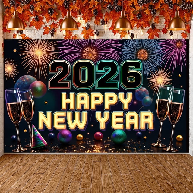 Colorful Fireworks 2026 New Year Banner Shiny Stars Happy New Year Display Champagne Glass Design Party Balloons 2026 Celebration Backdrop for New Year Party 2026 Celebration New Year Eve Event