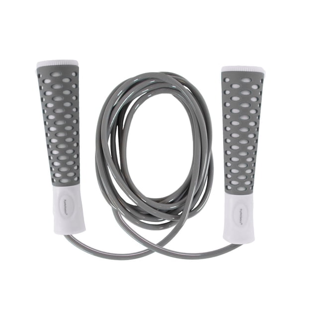 PurAthletics Speed Rope with grey flexible power cable coiled in the center and white handles featuring grey textured grips with oval cutouts, designed to improve cardiovascular fitness, coordination, and muscle endurance during aerobic exercise.