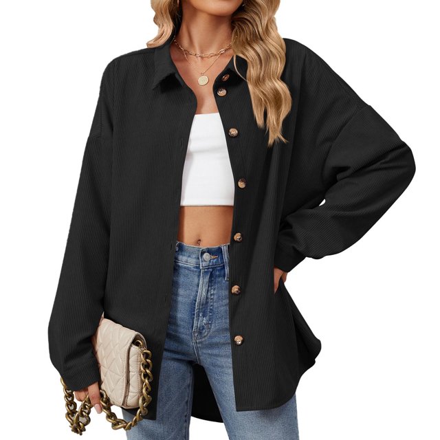 RXIRUCGD Mode Femme Couleur Unie Manches Longues Col Rabattu, Noir, Taille : S