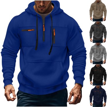 BiZtdJrK Chandail à Capuchon pour Hommes à Quart de Glissière en Molleton et Lin, Chandails Tactiques à Manches Longues, Chandails à Capuchon Décontractés d'Entraînement avec Poches, Bleu, m