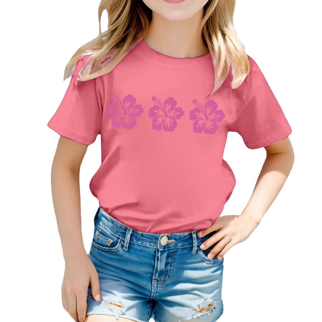 MEZZALL T-Shirt pour Tout-Petites Filles à Imprimé Floral, Col Rond, Manches Courtes, T-Shirt Décontracté, Hauts Tendance, 3-4 Ans