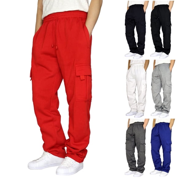 CFLVAEK Big and Tall Men's Cargo Pants with Multi Pockets Loose Fit Drawstring Elastic Waist Cargo Pant Solid Color Wide Leg Casual Trousers White XXL