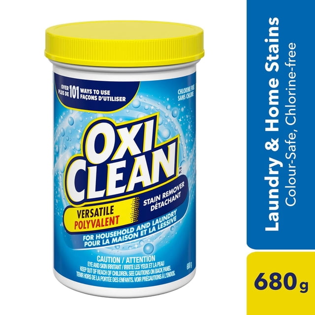 OxiClean Poudre Détachante Polyvalente 680 g dans un Bac en Plastique Blanc avec Couvercle Jaune et Étiquette Bleue avec Bulles, Conçue pour un Détachage Sans Chlore et Sécuritaire pour les Couleurs à la Maison et à la Lessive.