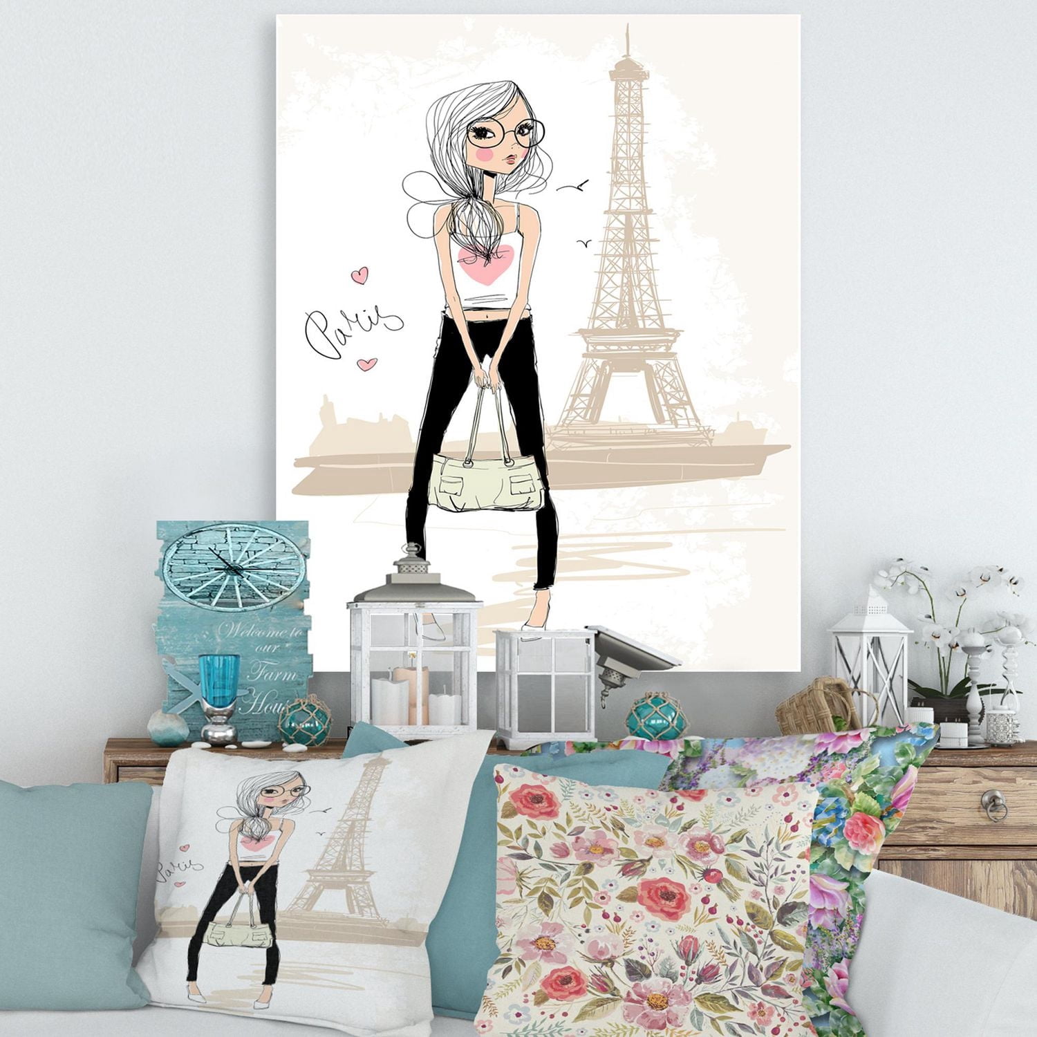Designart Jolie fille près de la Tour Eiffel à Paris Art mural sur toile