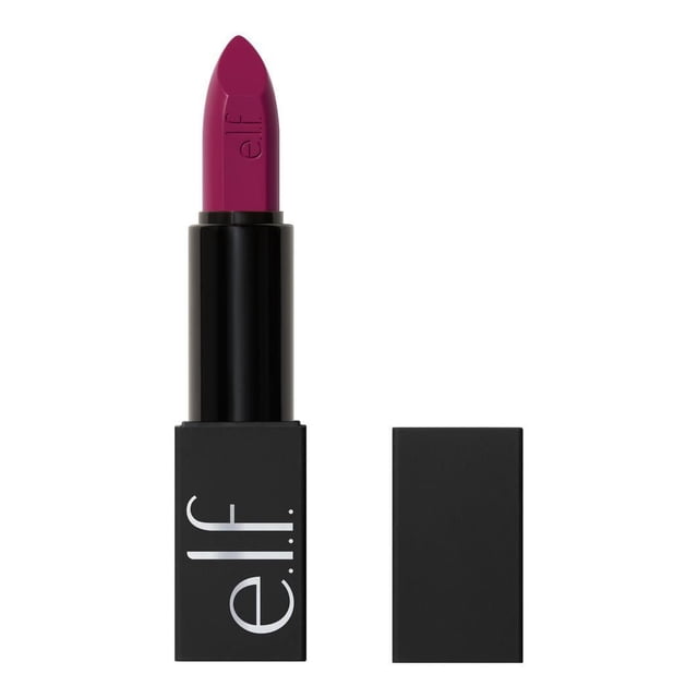 e.l.f. Cosmetics O Face Satin Lipstick in a deep berry shade with satin finish, shown with the black rectangular tube and detached cap featuring the white e.l.f. logo, designed for creamy, long-lasting, hydrating lip colour.