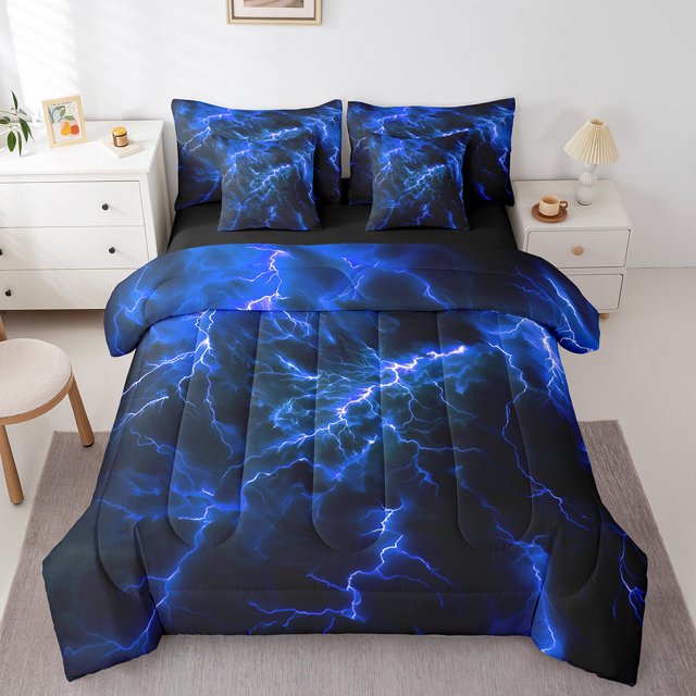 Erosebridal Horror Lightning Bedding Sets King Size, Blue Comforter Sets with Sheets, Thunder Weather Reversible Bed Set, Microfiber Room Decorative, 7 Pieces