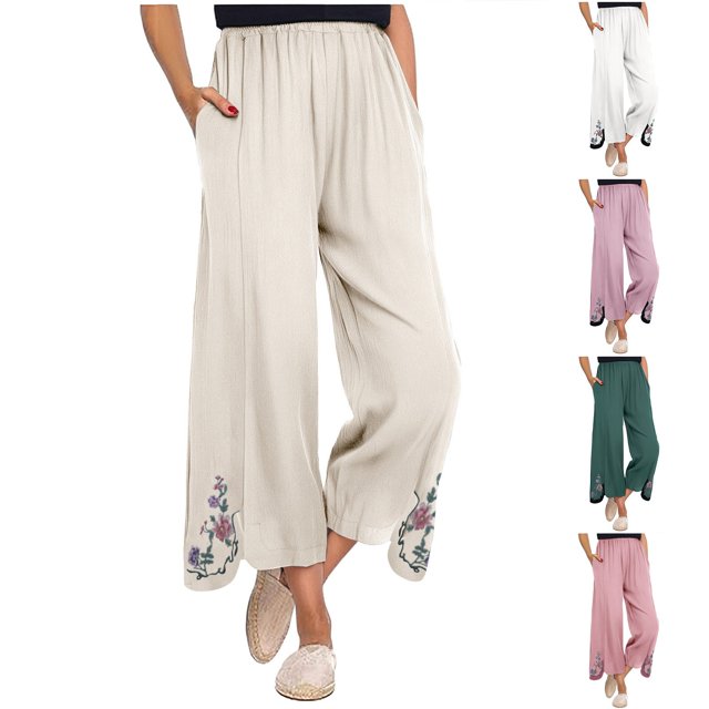 Womens Wide Leg Cropped Pants Cotton Linen Elastic High Waisted Palazzo Pants with Pockets Pink