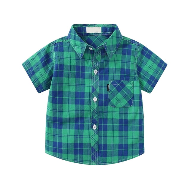 DXOUPM Girls Short Sleeved Shirt Versatile Lapel Button Down Plaid Tops Kids Trendy Clothes