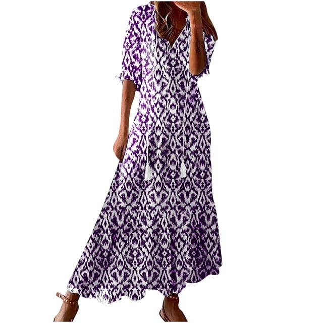 Weiqiqre Robe d'Été Bohème pour Femme 2025 à Volants, Manches Courtes, à Franges, Col en V, à Volants, Fluide, Ligne A, Maxi Robes