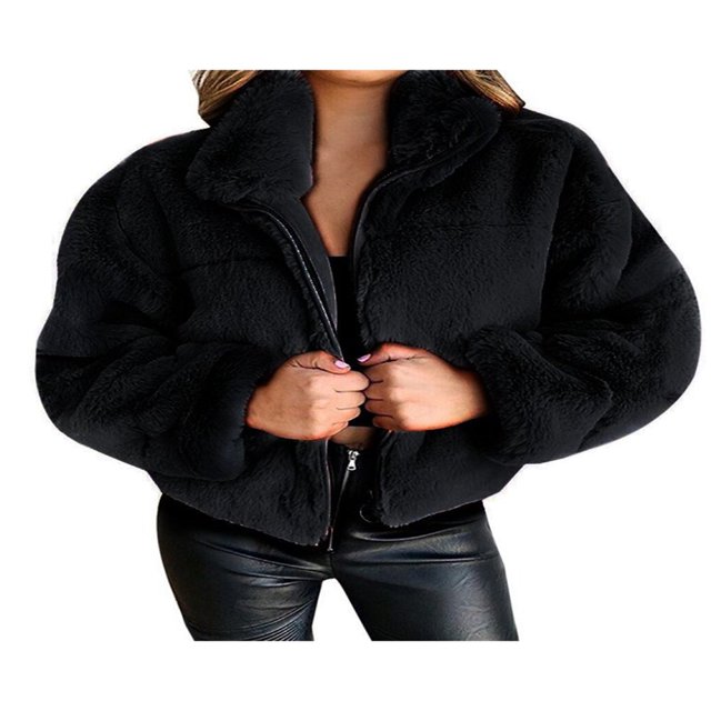 Womens Winter Fuzzy Short Teddy Jackets Coats Warm FluffyZip Up Long Sleeve Cropped Jacket