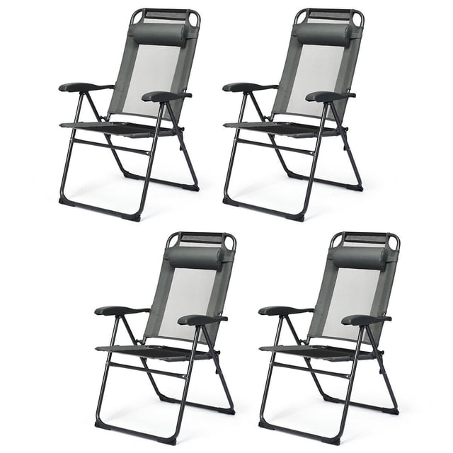 Gymax Lot de 4 Chaises Pliantes Chaises Inclinables Réglables avec Appuie-Tête Patio Jardin Gris