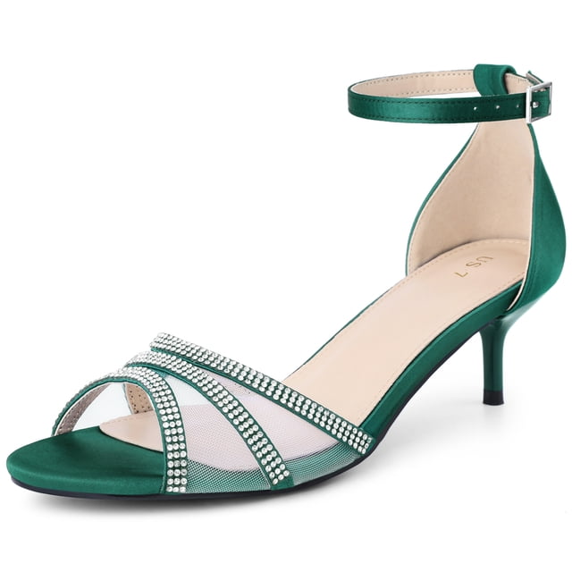 BLISSFUL STEP Women's Satin Rhinestone Stiletto Heel Sandals Green (Size 7.5)