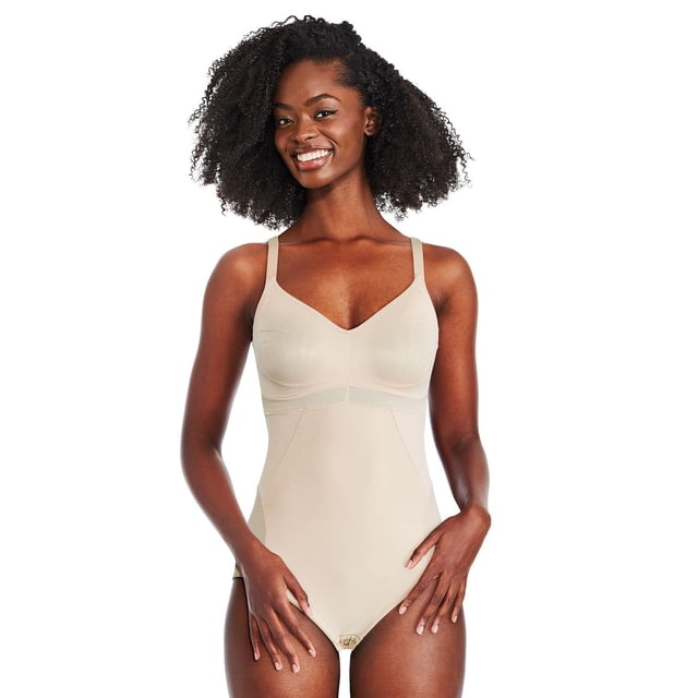 George Women's Body Briefer in beige, front view of a fitted shaping slip with V-neckline, adjustable straps, and stretch inserts under bust and sides for extra firm control, featuring hook and eye closure inseam, suitable for wearing under dresses or tops.