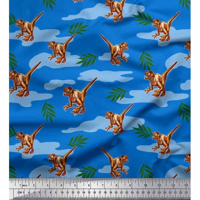 Soimoi Tissu Poly Georgette Feuilles et Dinosaure Décor de Jungle Tissu Imprimé au Mètre 52 Pouces de Large