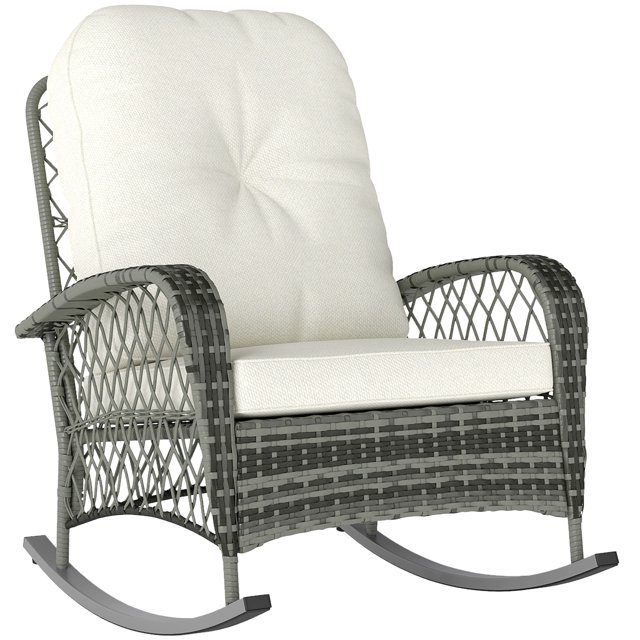 Outsunny Rattan Rocking Chair with Soft Cushion for Garden, Khaki