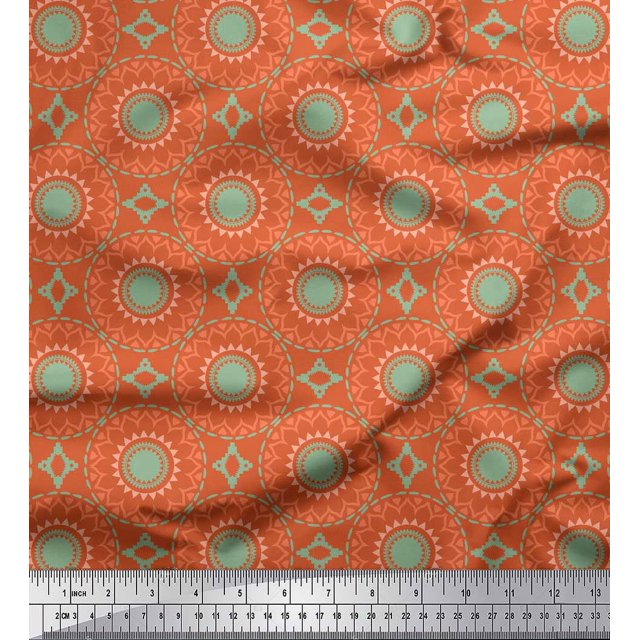 Soimoi Orange Rayon Crepe Fabric Mandala Geometric Decor Fabric Printed Yard 46 Inch Wide