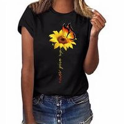 Blouse Été Manches Courtes T-shirt Tournesol Col Rond Imprimé Col Rond T-shirt Imprimé Été Short Top, Noir, L