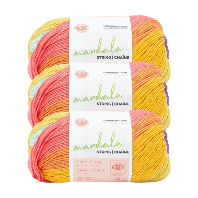 Lion Brand Mandala® Fil à Ficelles #1 Superfin/à Doigts 100 G/320 m 3 Pelotes Empilées, Montrant une Auto-Rayure 100 % Fil Acrylique en Jaune, orange, Rose, Violet et Bleu Pâle, Idéal pour la Dentelle, les Châles et les Accessoires.