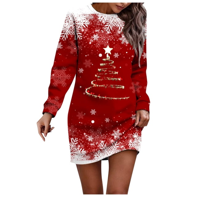 Kcodviy Robe D'Été Décontractée pour Femme avec Imprimé de Noël, Col Rond, Longue et Confortable, Manches Amples, Sans Capuche, Robe T-Shirt Décontractée pour Femme, Longueur Genou, Robe D