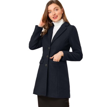 INSPIRE CHIC Manteau d'Hiver pour Femme à Revers Cranté, Simple Boutonnage, Manches Longues, Bleu Foncé, L